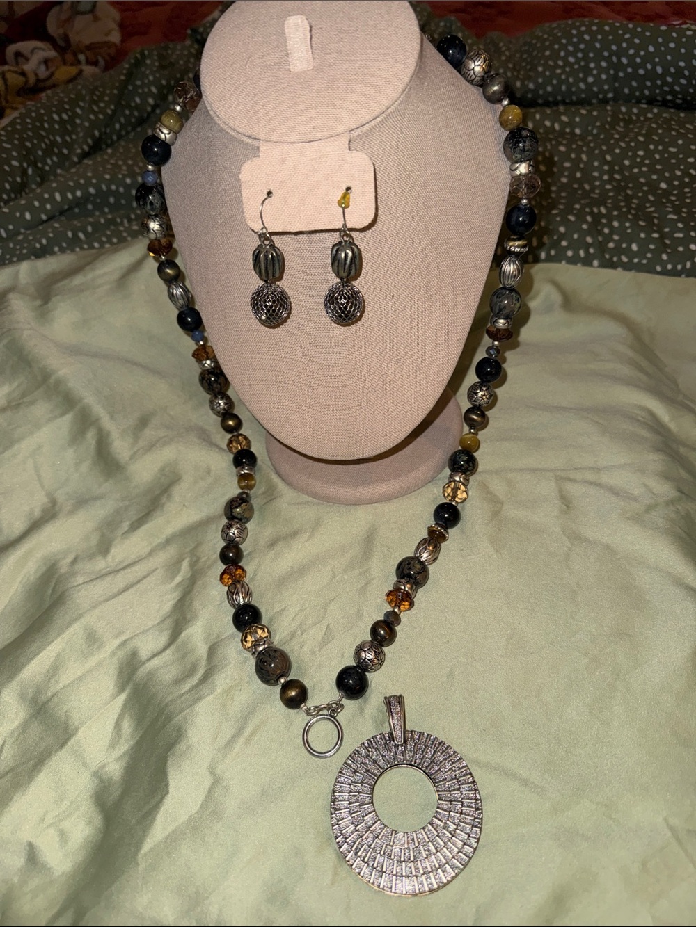 Premier Beaded Necklace and Drop Earrings in Black, Amber, Olive and Silver